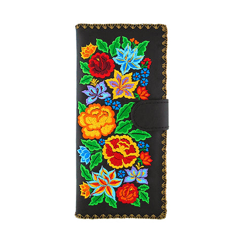 LAVISHY Eco-friendly bohemian style Mexican rose, lily and hibiscus pattern embroidered vegan large flat wallet for women. This back wallet is great for everyday use, lovely gift idea for family & friends especially for people who celebrate Mexico & Mexican culture or just love flowers. Online shopping at LAVISHY BOUTIQUE. Wholesale at www.lavishy.com