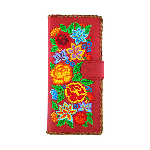 LAVISHY Eco-friendly bohemian style Mexican rose, lily and hibiscus pattern embroidered vegan large flat wallet for women. This red wallet is great for everyday use, lovely gift idea for family & friends especially for people who celebrate Mexico & Mexican culture or just love flowers. Online shopping at LAVISHY BOUTIQUE. Wholesale at www.lavishy.com