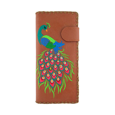 LAVISHY Eco-friendly bohemian style Indian peacock pattern embroidered vegan large flat wallet for women. This brown wallet is great for everyday use, lovely gift idea for family & friends especially for people who celebrate India & Indian culture or just love bird. Online shopping at LAVISHY BOUTIQUE. Wholesale at www.lavishy.com