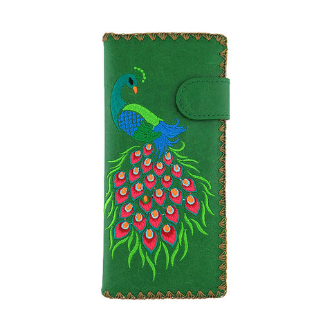 LAVISHY Eco-friendly bohemian style Indian peacock pattern embroidered vegan large flat wallet for women. This green wallet is great for everyday use, lovely gift idea for family & friends especially for people who celebrate India & Indian culture or just love bird. Online shopping at LAVISHY BOUTIQUE. Wholesale at www.lavishy.com