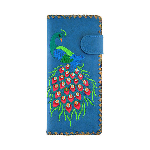 LAVISHY Eco-friendly bohemian style Indian peacock pattern embroidered vegan large flat wallet for women. This blue wallet is great for everyday use, lovely gift idea for family & friends especially for people who celebrate India & Indian culture or just love bird. Online shopping at LAVISHY BOUTIQUE. Wholesale at www.lavishy.com