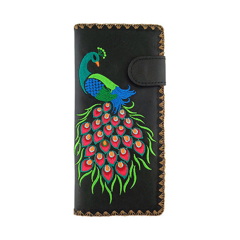 LAVISHY Eco-friendly bohemian style Indian peacock pattern embroidered vegan large flat wallet for women. This black wallet is great for everyday use, lovely gift idea for family & friends especially for people who celebrate India & Indian culture or just love bird. Online shopping at LAVISHY BOUTIQUE. Wholesale at www.lavishy.com