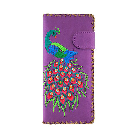 LAVISHY Eco-friendly bohemian style Indian peacock pattern embroidered vegan large flat wallet for women. This purple wallet is great for everyday use, lovely gift idea for family & friends especially for people who celebrate India & Indian culture or just love bird. Online shopping at LAVISHY BOUTIQUE. Wholesale at www.lavishy.com
