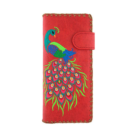 LAVISHY Eco-friendly bohemian style Indian peacock pattern embroidered vegan large flat wallet for women. This red wallet is great for everyday use, lovely gift idea for family & friends especially for people who celebrate India & Indian culture or just love bird. Online shopping at LAVISHY BOUTIQUE. Wholesale at www.lavishy.com