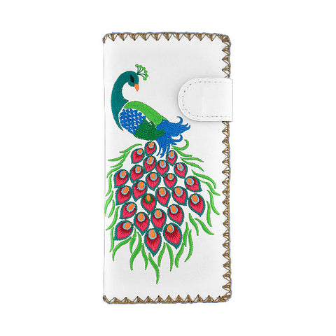 LAVISHY Eco-friendly bohemian style Indian peacock pattern embroidered vegan large flat wallet for women. This white wallet is great for everyday use, lovely gift idea for family & friends especially for people who celebrate India & Indian culture or just love bird. Online shopping at LAVISHY BOUTIQUE. Wholesale at www.lavishy.com