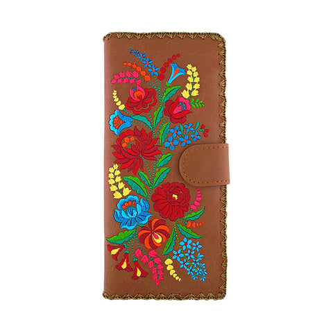 LAVISHY Eco-friendly bohemian style Hungarian flora pattern embroidered vegan large flat wallet for women. This brown wallet is great for everyday use, lovely gift idea for family & friends especially for people who celebrate Hungary & Hungarian culture or just love flowers. Online shopping at LAVISHY BOUTIQUE. Wholesale at www.lavishy.com