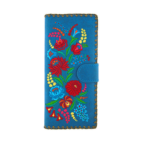 LAVISHY Eco-friendly bohemian style Hungarian flora pattern embroidered vegan large flat wallet for women. This blue wallet is great for everyday use, lovely gift idea for family & friends especially for people who celebrate Hungary & Hungarian culture or just love flowers. Online shopping at LAVISHY BOUTIQUE. Wholesale at www.lavishy.com