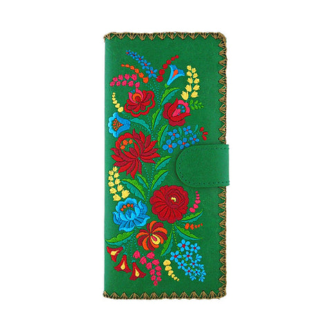 LAVISHY Eco-friendly bohemian style Hungarian flora pattern embroidered vegan large flat wallet for women. This green wallet is great for everyday use, lovely gift idea for family & friends especially for people who celebrate Hungary & Hungarian culture or just love flowers. Online shopping at LAVISHY BOUTIQUE. Wholesale at www.lavishy.com