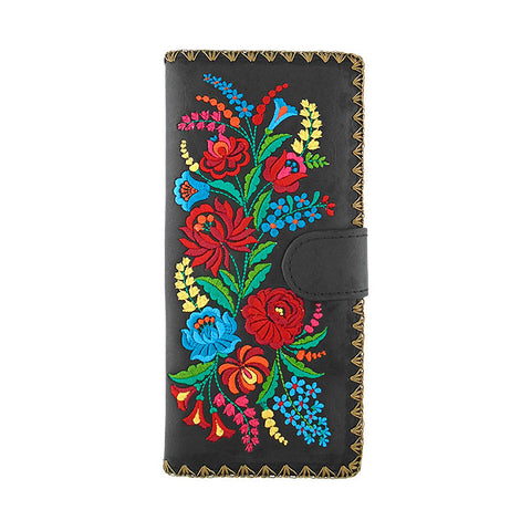LAVISHY Eco-friendly bohemian style Hungarian flora pattern embroidered vegan large flat wallet for women. This black wallet is great for everyday use, lovely gift idea for family & friends especially for people who celebrate Hungary & Hungarian culture or just love flowers. Online shopping at LAVISHY BOUTIQUE. Wholesale at www.lavishy.com