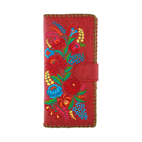 LAVISHY Eco-friendly bohemian style Hungarian flora pattern embroidered vegan large flat wallet for women. This red wallet is great for everyday use, lovely gift idea for family & friends especially for people who celebrate Hungary & Hungarian culture or just love flowers. Online shopping at LAVISHY BOUTIQUE. Wholesale at www.lavishy.com