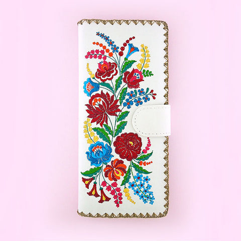 LAVISHY Eco-friendly bohemian style Hungarian flora pattern embroidered vegan large flat wallet for women. This white wallet is great for everyday use, lovely gift idea for family & friends especially for people who celebrate Hungary & Hungarian culture or just love flowers. Online shopping at LAVISHY BOUTIQUE. Wholesale at www.lavishy.com