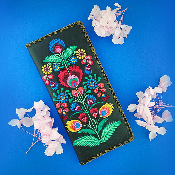 Lavishy Embroidered Cherry Blossom & Butterfly - Medium Vegan Wallet Black / .
