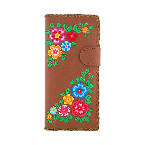 LAVISHY Eco-friendly bohemian style flora pattern embroidered vegan large flat wallet for women. This brown wallet is great for everyday use, lovely gift idea for family & friends especially for people who enjoy gardening or just love flowers. Online shopping at LAVISHY BOUTIQUE. Wholesale at www.lavishy.com