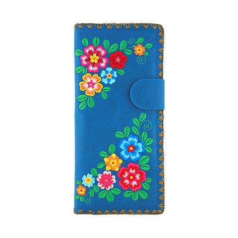 LAVISHY Eco-friendly bohemian style flora pattern embroidered vegan large flat wallet for women. This blue wallet is great for everyday use, lovely gift idea for family & friends especially for people who enjoy gardening or just love flowers. Online shopping at LAVISHY BOUTIQUE. Wholesale at www.lavishy.com