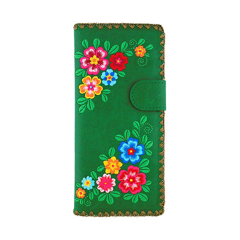 LAVISHY Eco-friendly bohemian style flora pattern embroidered vegan large flat wallet for women. This green wallet is great for everyday use, lovely gift idea for family & friends especially for people who enjoy gardening or just love flowers. Online shopping at LAVISHY BOUTIQUE. Wholesale at www.lavishy.com