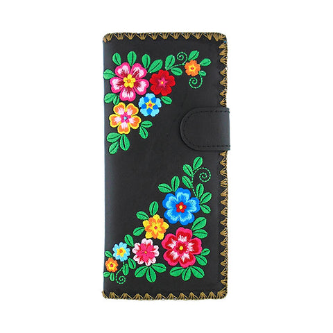 LAVISHY Eco-friendly bohemian style flora pattern embroidered vegan large flat wallet for women. This black wallet is great for everyday use, lovely gift idea for family & friends especially for people who enjoy gardening or just love flowers. Online shopping at LAVISHY BOUTIQUE. Wholesale at www.lavishy.com