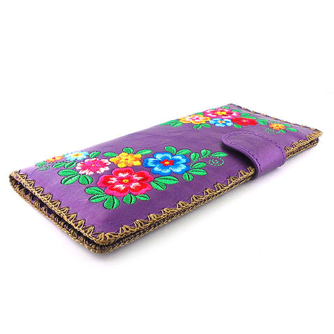 LAVISHY Eco-friendly bohemian style flora pattern embroidered vegan large flat wallet for women. This purple wallet is great for everyday use, lovely gift idea for family & friends especially for people who enjoy gardening or just love flowers. Online shopping at LAVISHY BOUTIQUE. Wholesale at www.lavishy.com
