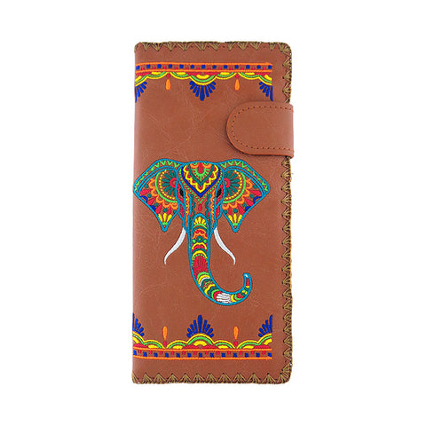LAVISHY Eco-friendly bohemian style India elephant pattern embroidered vegan large flat wallet inspired by Indian painting. This brown wallet is great for everyday use, lovely gift idea for family & friends especially for those who celebrate India & Indian culture or just love elephant. Online shopping at LAVISHY BOUTIQUE. Wholesale at www.lavishy.com