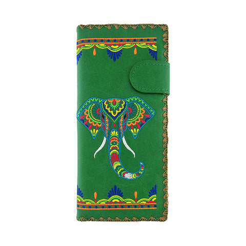 LAVISHY Eco-friendly bohemian style India elephant pattern embroidered vegan large flat wallet inspired by Indian painting. This green wallet is great for everyday use, lovely gift idea for family & friends especially for those who celebrate India & Indian culture or just love elephant. Online shopping at LAVISHY BOUTIQUE. Wholesale at www.lavishy.com