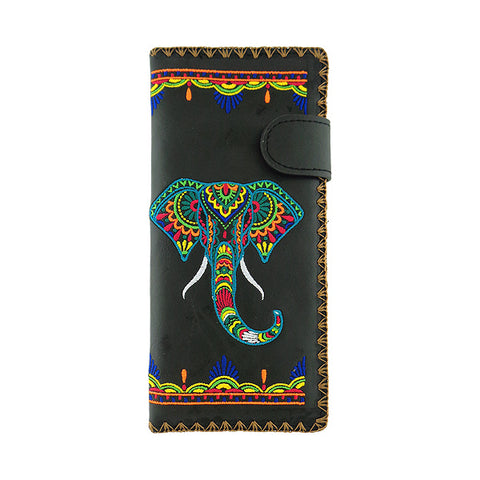 LAVISHY Eco-friendly bohemian style India elephant pattern embroidered vegan large flat wallet inspired by Indian painting. This black wallet is great for everyday use, lovely gift idea for family & friends especially for those who celebrate India & Indian culture or just love elephant. Online shopping at LAVISHY BOUTIQUE. Wholesale at www.lavishy.com