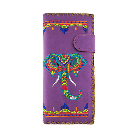 LAVISHY Eco-friendly bohemian style India elephant pattern embroidered vegan large flat wallet inspired by Indian painting. This purple wallet is great for everyday use, lovely gift idea for family & friends especially for those who celebrate India & Indian culture or just love elephant. Online shopping at LAVISHY BOUTIQUE. Wholesale at www.lavishy.com