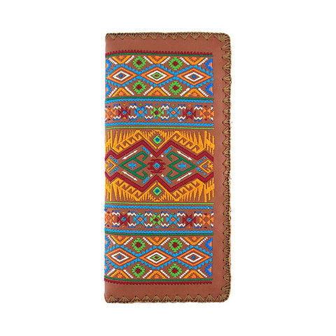 LAVISHY Eco-friendly native American tribal pattern embroidered vegan large flat wallet inspired by Mexican Aztec, American Southwest & Canadian first nation embroidery pattern. This brown wallet is great for everyday use, lovely gift idea for family & friends. Online shopping at LAVISHY BOUTIQUE. Wholesale at www.lavishy.com