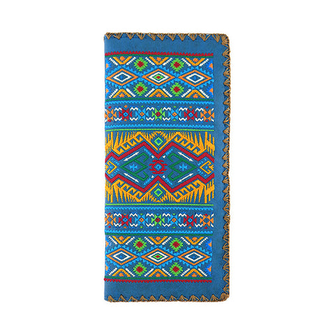 LAVISHY Eco-friendly native American tribal pattern embroidered vegan large flat wallet inspired by Mexican Aztec, American Southwest & Canadian first nation embroidery pattern. This blue wallet is great for everyday use, lovely gift idea for family & friends. Online shopping at LAVISHY BOUTIQUE. Wholesale at www.lavishy.com