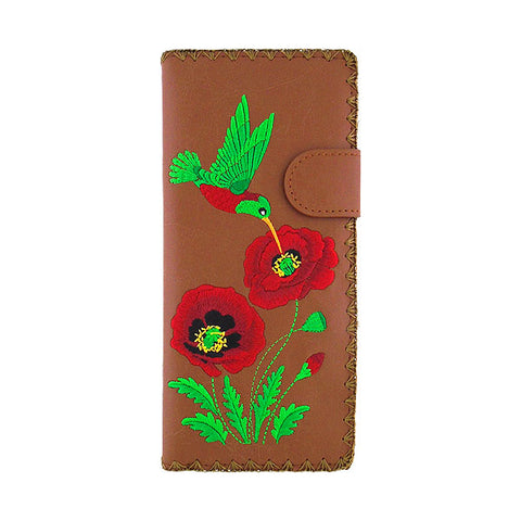 Brown LAVISHY Eco-friendly vegan embroidered hummingbird & poppy flower large flat wallet for women for online shopping. Great gift ideas for family & friends especially for those who embrace vegan lifestyle or love Ukraine. 