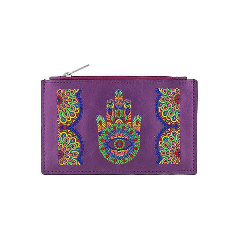 LAVISHY Eco-friendly, ethically made, cruelty free bohemian style vegan flat pouch with Indian hand Hamsa/hand of Fatima embroidery motif. Wholesale at www.lavishy.com