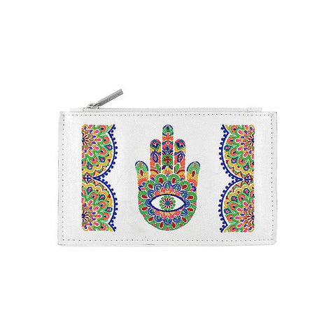LAVISHY Eco-friendly, ethically made, cruelty free bohemian style vegan flat pouch with Indian hand Hamsa/hand of Fatima embroidery motif. Wholesale at www.lavishy.com