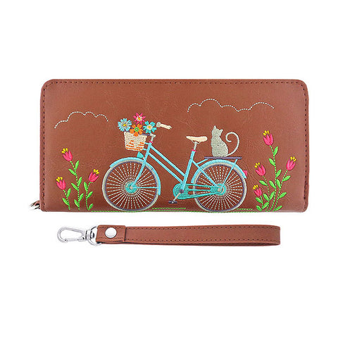 Online shopping for vegan brand LAVISHY's Eco-friendly, ethically made, cruelty free cat on bicycle embroidered vegan large wristlet wallet for women. Wholesale at www.lavishy.com for retailers like gift shop, clothing & fashion accessories boutique & book store worldwide since 2001.