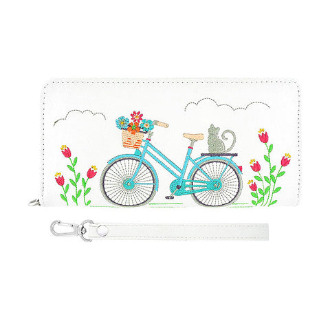 LAVISHY Eco-friendly, ethically made, cruelty free cat on bicycle embroidered vegan large wristlet wallet for women. Wholesale at www.lavishy.com for retailers like gift shop, clothing & fashion accessories boutique & book store worldwide since 2001.