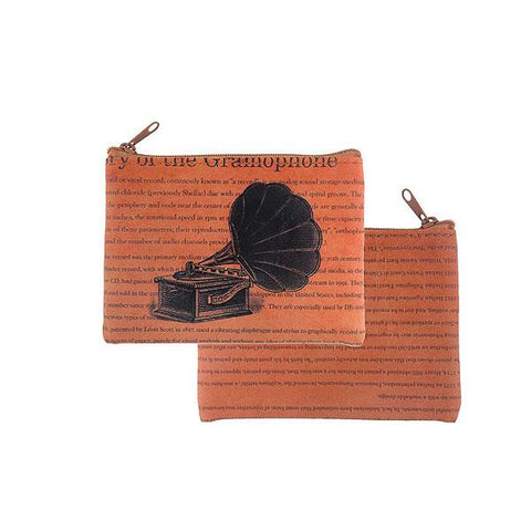 Online shopping for vegan brand LAVISHY's cool vegan coin purse with vintage/retro style print of gramophone illustration on the background of text about the history of gramophone. It's great for everyday use or as gift for friends & family. Wholesale at www.lavishy.com to gift shop, boutique & book store in USA, Canada & worldwide since 2001.