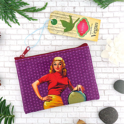 Online shopping for vegan brand LAVISHY's retro Sassy bella pinup girl & polka dots print vegan coin purse. It's great for everyday use or as gift for friends & family. Wholesale at www.lavishy.com to gift shop, clothing & fashion accessories boutique & book store in USA, Canada & worldwide since 2001.