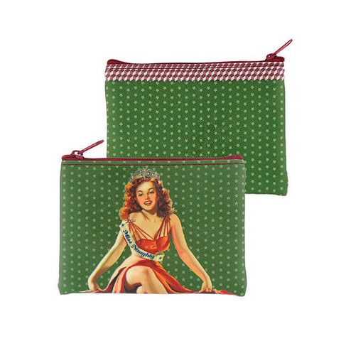 Online shopping for vegan brand LAVISHY's retro Miss congeniality pinup girl & polka dots print vegan coin purse. It's great for everyday use or as gift for friends & family. Wholesale at www.lavishy.com to gift shop, clothing & fashion accessories boutique & book store in USA, Canada & worldwide since 2001.