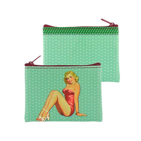 Online shopping for vegan brand LAVISHY's retro blonde bombshell pinup girl & polka dots print vegan coin purse. It's great for everyday use or as gift for friends & family. Wholesale at www.lavishy.com to gift shop, clothing & fashion accessories boutique & book store in USA, Canada & worldwide since 2001.