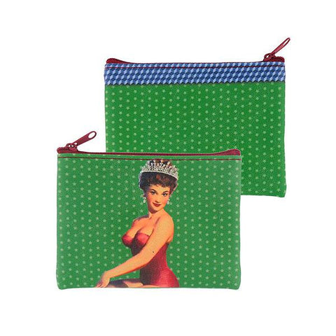 Online shopping for vegan brand LAVISHY's retro beauty queen pinup girl & polka dots print vegan coin purse. It's great for everyday use or as gift for friends & family. Wholesale at www.lavishy.com to gift shop, clothing & fashion accessories boutique & book store in USA, Canada & worldwide since 2001.