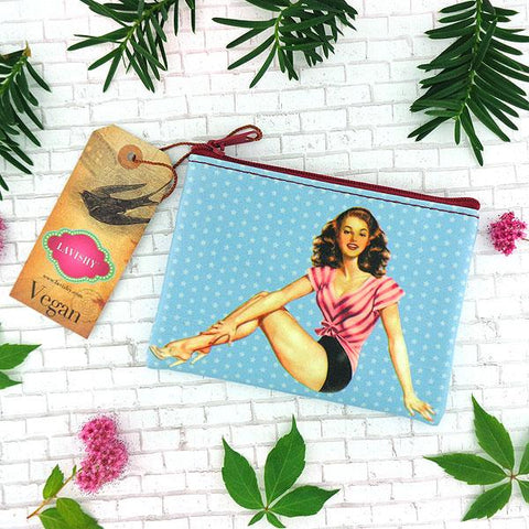 Online shopping for vegan brand LAVISHY's retro girl next door pinup girl & polka dots print vegan coin purse. It's great for everyday use or as gift for friends & family. Wholesale at www.lavishy.com to gift shop, clothing & fashion accessories boutique & book store in USA, Canada & worldwide since 2001.