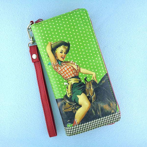 LAVISHY pinup cow girl print vegan wristlet wallet