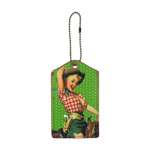 Online shopping for LAVISHY vegan cool vegan/faux leather luggage tag with vintage/retro style cow girl pinup girl print. It's a great gift idea for you or your friends & family. Wholesale available at www.lavishy.com with many unique & fun fashion accessories.
