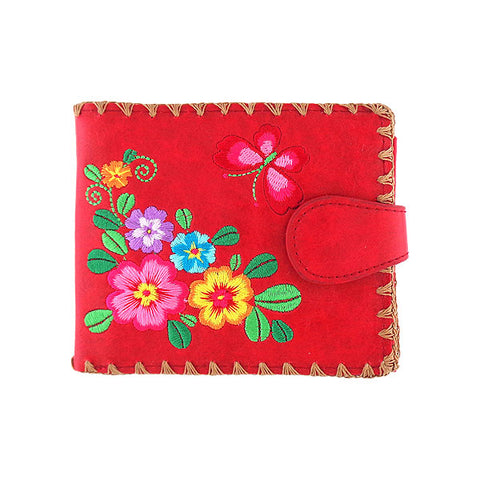 Online shopping foR embroidered flower & butterfly vegan medium wallet for women by vegan brand LAVISHY, this Eco-friendly, ethically made, cruelty free wallet's lovely embroidery motif is framed by decorative stitches around the edge. Wholesale at www.lavishy.com with unique & fun fashion accessories for gift shop, boutique & corporate buyers.
