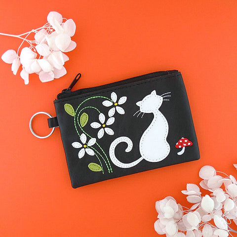 LAVISHY cat, flower & mushroom applique vegan key ring coin purse