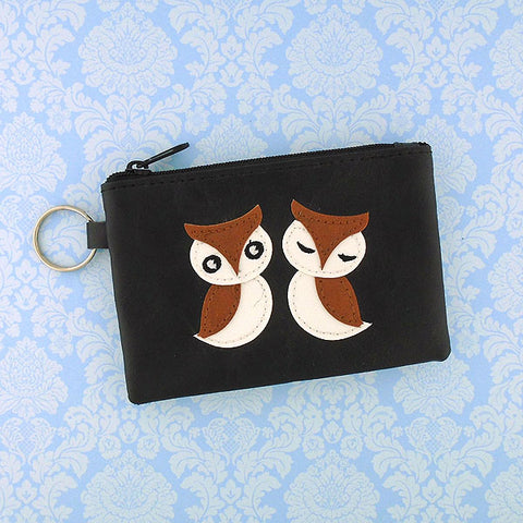 LAVISHY Mr & Mrs owl applique vegan key ring coin purse