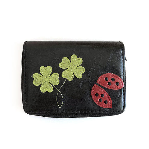 Online shopping for LAVISHY fun & playful applique vegan leather cardholder with adorable ladybug and four leaf clover leaves.  It's Eco-friendly, ethically made, cruelty free. A great gift for you or your friends & family. Wholesale available at www.lavishy.com with many unique & fun fashion accessories.