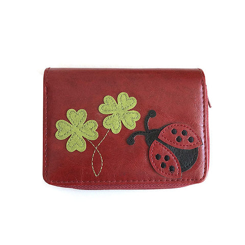 Online shopping for LAVISHY fun & playful applique vegan leather cardholder with adorable ladybug and four leaf clover leaves.  It's Eco-friendly, ethically made, cruelty free. A great gift for you or your friends & family. Wholesale available at www.lavishy.com with many unique & fun fashion accessories.