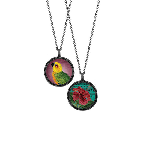 Online shopping for LAVISHY unique, beautiful & affordable vintage style reversible pendant necklace with parrot & hibiscus flower print. A great gift for you or your girlfriend, wife, co-worker, friend & family. Wholesale available at www.lavishy.com with many unique & fun fashion accessories.