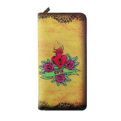 Eco-friendly, cruelty-free, ethically made large wallet with tattoo style sacred heart & rose print by Mlavi Studio for everyday use, travel or as gift for family & friends. Wholesale at www.mlavi.com