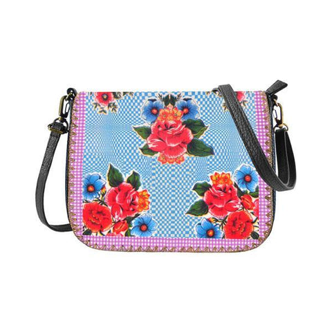 Mlavi Studio's whimsical vegan crossbody bag with Mexican oilcloth flora pattern print. It's roomy enough to hold wallet, smart phone and small personal items like key and lip balm. Wholesale at www.mlavi.com for gift shops, fashion accessories & clothing boutiques, museum stores worldwide.