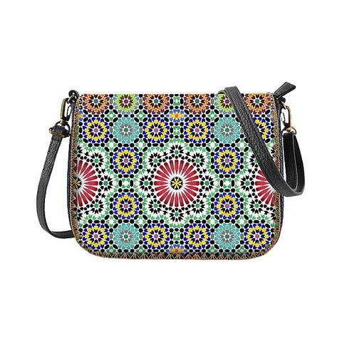 Mlavi Studio's whimsical vegan cross body bag with Bohemian style Moroccan pattern print. It's roomy enough to hold wallet, smart phone and small personal items like key and lip balm. Wholesale at www.mlavi.com for gift shops, fashion accessories & clothing boutiques, museum stores worldwide.