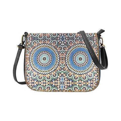 Mlavi Studio's whimsical vegan cross body bag with Bohemian style Moroccan pattern print. It's roomy enough to hold wallet, smart phone and small personal items like key and lip balm. Wholesale at www.mlavi.com for gift shops, fashion accessories & clothing boutiques, museum stores worldwide.